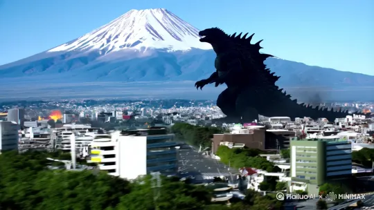 哥斯拉从富士山钻出来疯狂破坏城市，源子吐息破坏建筑 破坏时间30秒 by Hailuo AI Video Generator