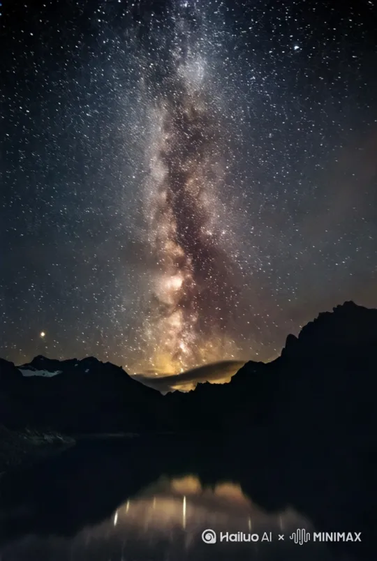 从下往上运镜，营造一种夜晚在野外仰望星空的感觉，最后停在照片的位置，并且星星一闪一闪的，还划过几道流星[上升,上摇]，生成一个一分钟的视频 by Hailuo AI Video Generator