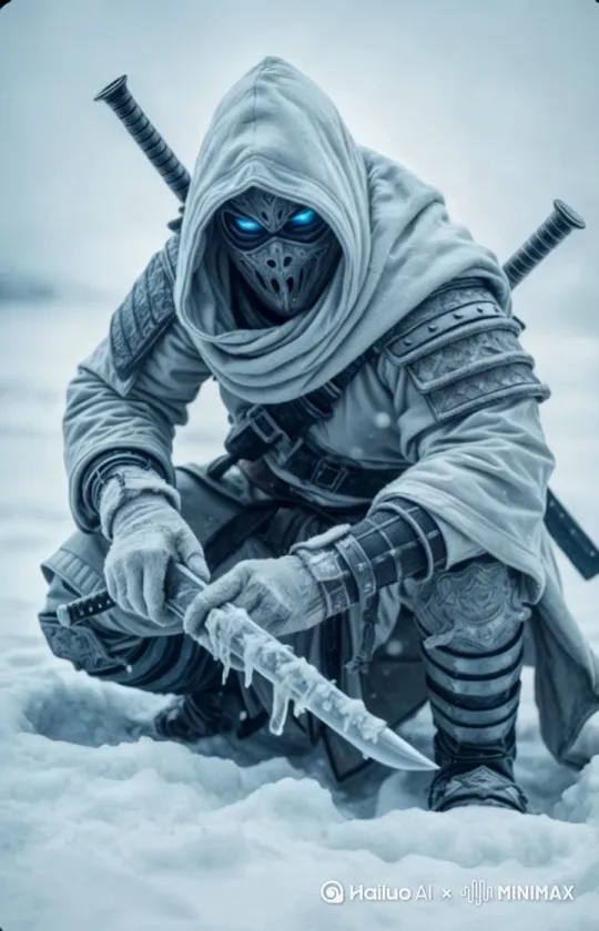The masked warrior moves through the snow, his frost-covered samurai cloak billowing. Glowing blue eyes lock on target as he grips his ice-laced sword. He shifts fluidly, drawing a katana from his back, ready for battle. Snow swirls around him in the cold, dynamic scene by Hailuo AI Video Generator