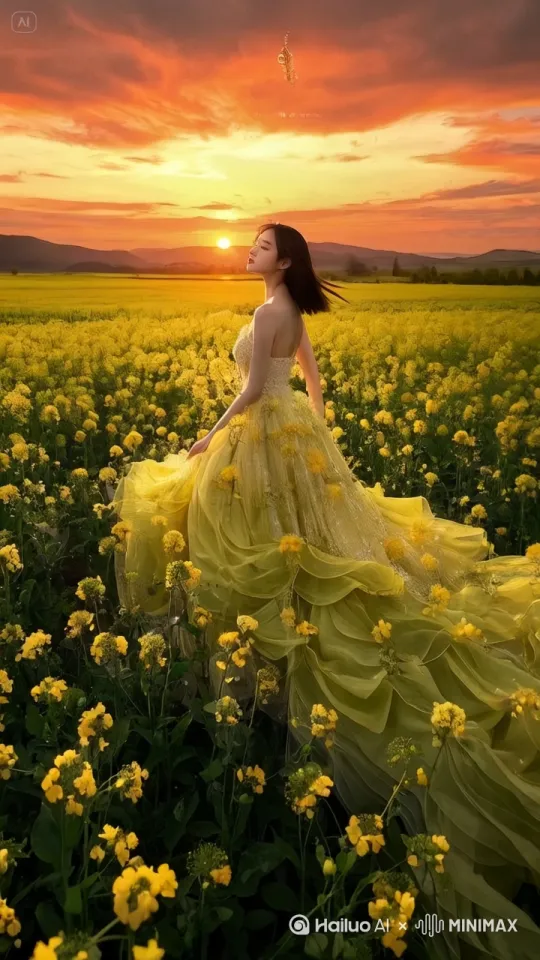 美女向前滑行移动，油菜花飘落到裙摆。
 by Hailuo AI Video Generator