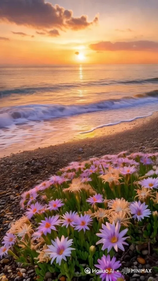 固定镜头，海浪以自然的节奏不断拍打着沙滩，花朵在微风中轻轻晃动，天空中的云朵缓缓移动 by Hailuo AI Video Generator