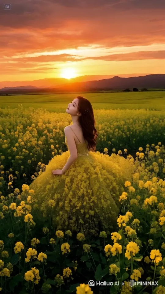 美女向前滑行移动飞起来，油菜花从裙摆上飘落下来，随风飘落
 by Hailuo AI Video Generator