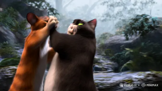 奶龙和胖猫打架[左移,右摇,跟随] by Hailuo AI Video Generator