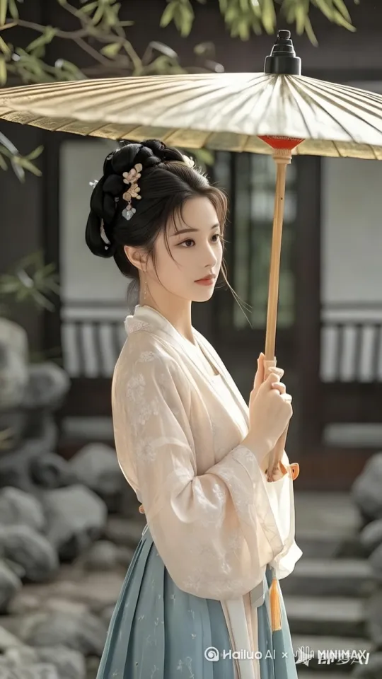 生成循环动画，画面中女子手持纸伞轻旋，衣袂随风自然飘动，发间配饰随动作微晃，背景竹叶轻柔摇曳，整体呈现流畅的动态质感，保留古风场景的雅致氛围。 by Hailuo AI Video Generator