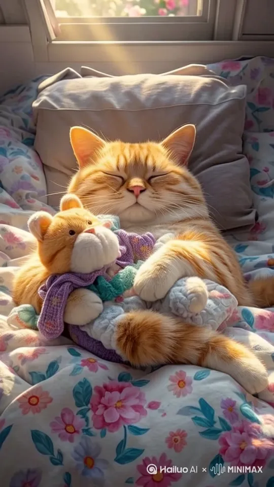 猫咪懒洋洋的睁开眼睛，张开双臂伸个懒腰，起床了 by Hailuo AI Video Generator