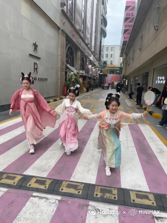 小姐妹三人在西安的街头玩cosplay，嬉戏玩耍，非常开心。 by Hailuo AI Video Generator