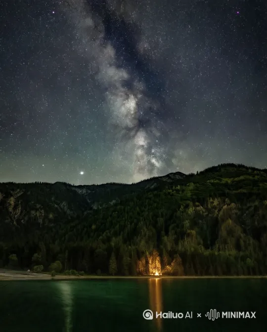 [推进]森林中的篝火，[上升]逐渐看向星空，[上摇]展示完整的星空，[右移] by Hailuo AI Video Generator