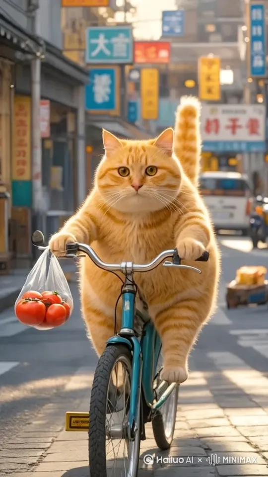 画面为写实风格，电影质感。近景呈现胖橘猫骑着一辆略显破旧的自行车，车身有些掉漆，车把上挂着装有番茄的塑料袋，袋子随着车身晃动。胖橘猫身体微微前倾，双腿用力蹬踏板，脸上露出专注又努力的神情，腮帮子因用力微微鼓起。街边是各类店铺，招牌醒目，路上车辆行人来来往往，阳光斜射，在地面上拉出胖橘猫和自行车长长的影子。 by Hailuo AI Video Generator
