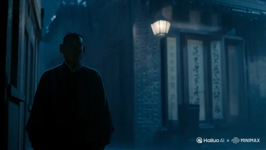 黑夜、绵绵细雨、一个半身男子形象，一个一脸沧桑的民国男子缓慢的行走在一条巷子里，他停下来，抬起头看了看 by Hailuo AI Video Generator
