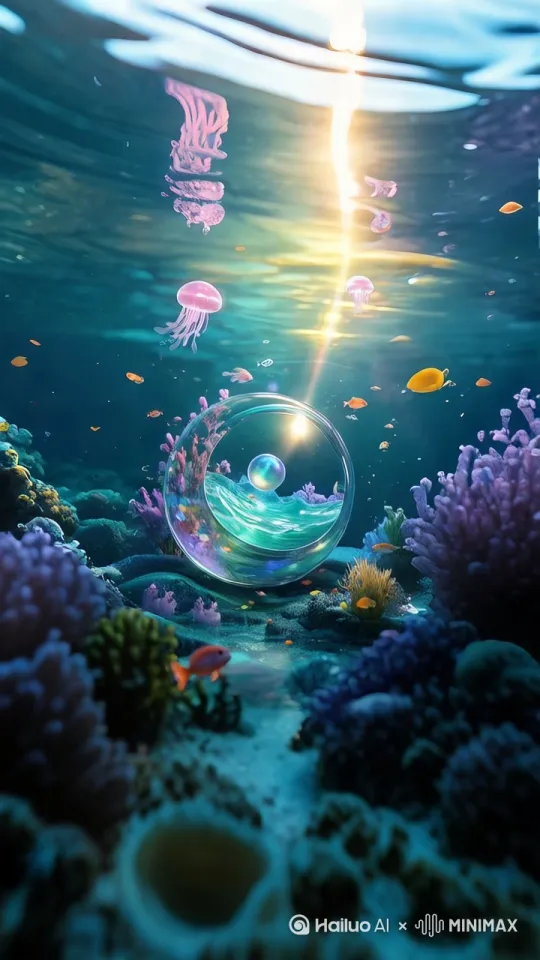 帮我生成一个视频：珊瑚随海浪摇动，水母缓慢的一张一合游向水面，珍珠随浪花忽高忽低，小鱼游来游去。比例 9:16，32K画质[左移,推进,右摇] by Hailuo AI Video Generator