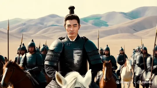 纪实风格战争场景，一位将军身着秦朝黑色盔甲，留着秦朝式发髻，甲胄上刻有精细云纹，骑在一匹同样披挂沉重护甲的战马上，马蹄缓慢地向前方前行。身后跟随一队秦朝骑兵，人数约五十，皆着战甲，持戈矛，气势磅礴。背景是黄土高原的辽阔大地，远处山峦起伏，天际一片苍茫。远景，正面拍摄，正对视角，跟镜头的运镜方式，突出人物外貌特征与服装细节，人物表情自然 by Hailuo AI Video Generator