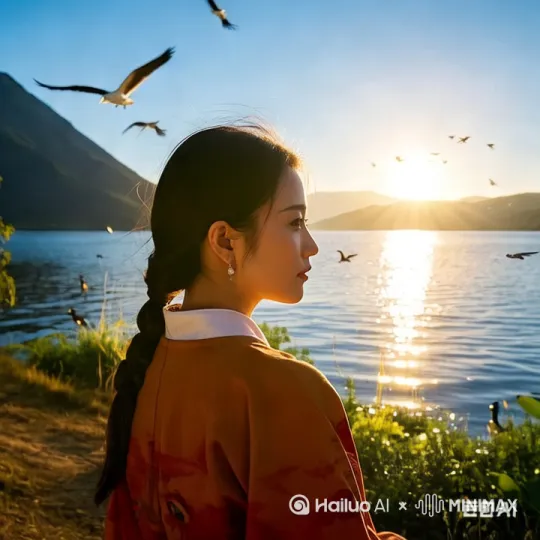 女子张开双臂飞了起来，翱翔在天空 by Hailuo AI Video Generator