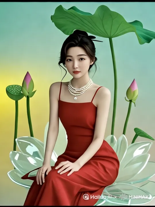 固定镜头居中构图，聚焦人物上半身，颈间珍珠项链随头部微转闪烁温润光泽，吊带与项链的细节在柔光下清晰呈现，背景荷叶、荷花苞静止却充满生机，黄绿渐变色调营造清新氛围。 by Hailuo AI Video Generator
