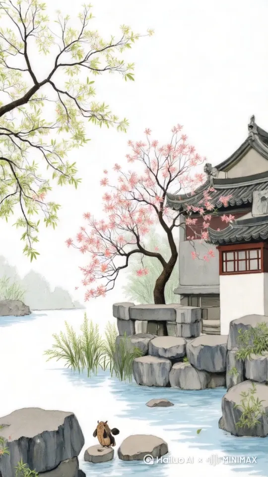 固定镜头，流水潺潺，树枝树叶轻轻摆动，画面唯美艺术 by Hailuo AI Video Generator