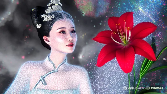 真人，数字引擎高精度5，中微子粒子抛撒弥散，低聚风格，像素艺术，彼岸花，无数密密麻麻的幽灵粒子形成一绝美古风女子，故障艺术，像素粒子多重晕染，边沿粒子像素晕染，蓝蝶晶莹，8-bit，烟雾粒子，画面破碎，重组，多重曝光，弥散渐变，透明滤镜，朦胧迷幻，意识流，故事性，无限想象力，视觉艺术，烟雾粒子，幽灵粒子，镜头破碎，碎片，遍布，幽灵粒子散射，贝塔射线，光影艺术，渐变，层次感，超真实质感，腻感，浪漫，颜色迷幻，C4D，oc渲染，cpu渲染，钛合银辉光效果，景深效果，数字艺术风格，像素粒子边缘模糊 

视频生成信息:粒子抛撒，散射，伽马射线，画面破碎，重组，视觉艺术，幽灵粒子散射，光影艺术，荧光闪闪，宏观和微观的交织。女子目光追随蓝蝶，渐变，层次感，边界模糊双重摄影，C4D，oc渲染， cpu渲染 by Hailuo AI Video Generator