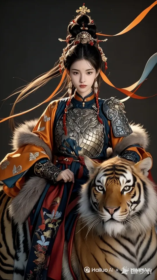 美女骑着老虎向屏幕走来，发带随风飘扬，气势磅礴，画面突然变成一只老虎 by Hailuo AI Video Generator