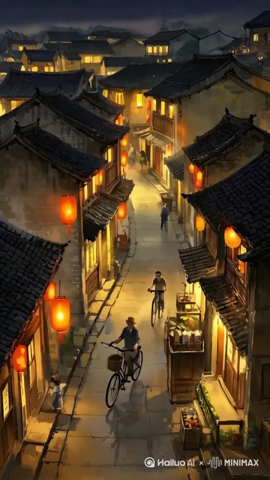 骑车汽车人穿梭在巷子里。店门口的灯光，忽明忽暗。灯笼被风吹得摇摇晃晃。[推进,上升] by Hailuo AI Video Generator