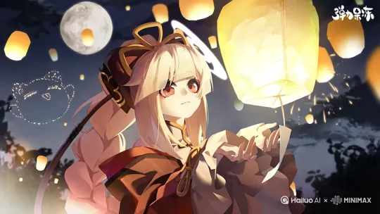 让灯笼漂浮，人物衣服晃动，眨眼做的自然点，手做一个托着灯笼向上漂浮的动作 by Hailuo AI Video Generator