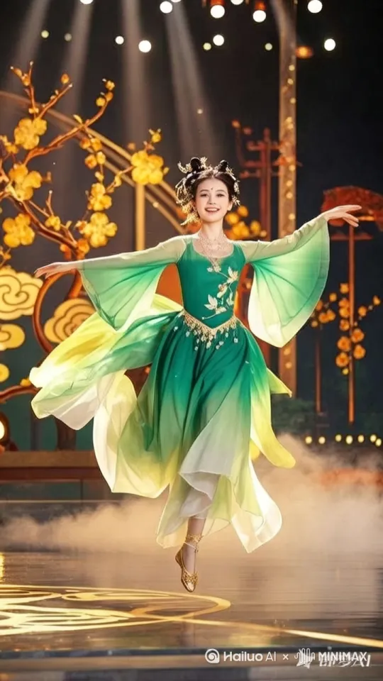 - 📽️ 主体内容：舞者登场，身着与画中色彩呼应的服饰，模仿鸟儿的灵动姿态、树枝的摇曳，通过舞蹈动作将画中场景动态呈现，结合欢快喜庆的春晚风格音乐。 by Hailuo AI Video Generator