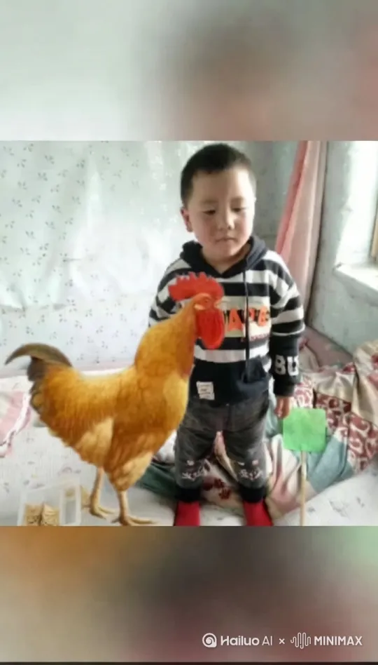 小朋友腾空而起和公鸡打抖，公鸡嘴叨爪子挠，小朋友拳打脚踢，场面激烈，生成电影效果 by Hailuo AI Video Generator
