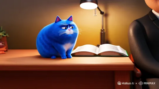 一只胖胖的蓝色月半猫坐在一个小书桌前，书桌上摊开着一本经济学相关的书，旁边有一个小台灯。蓝色的月半猫皱着眉头，眼睛盯着前方，问问题，一个穿着黑色穿西装，带着眼镜的男人做在书桌旁[变焦拉远]。 by Hailuo AI Video Generator