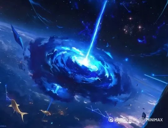 缓慢靠近观察星云旋转，周围的生物游来游去 by Hailuo AI Video Generator