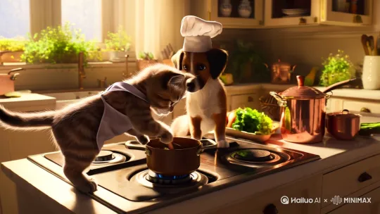 小猫咪和小狗做饭 by Hailuo AI Video Generator