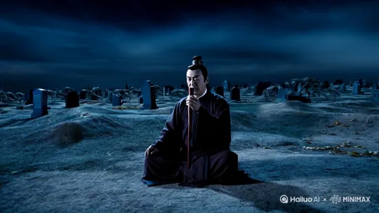 一个道士在乱葬岗，月黑风高，他盘腿坐下，开始念经文，乱葬岗里的坟墓里爬出了很多骷髅和正在腐烂的尸体 by Hailuo AI Video Generator