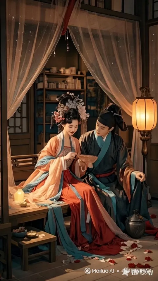 花魁娘娘与卖油郎历经千辛万苦终成眷属，花魁娘娘抚摸着郎君的手，细语诉说钟情，镜头慢慢拉进俩人的手，再抬起镜头摇向俩人面部，表情微笑 by Hailuo AI Video Generator
