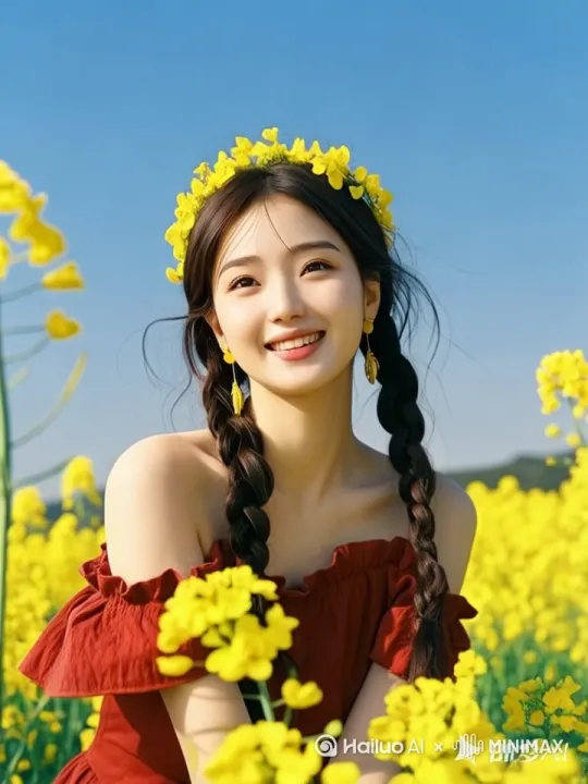 图中少女在油菜花田里手捧鲜花对着镜头向前奔跑着，头发飘逸着，笑容灿烂，微风拂面，阳光明媚 by Hailuo AI Video Generator