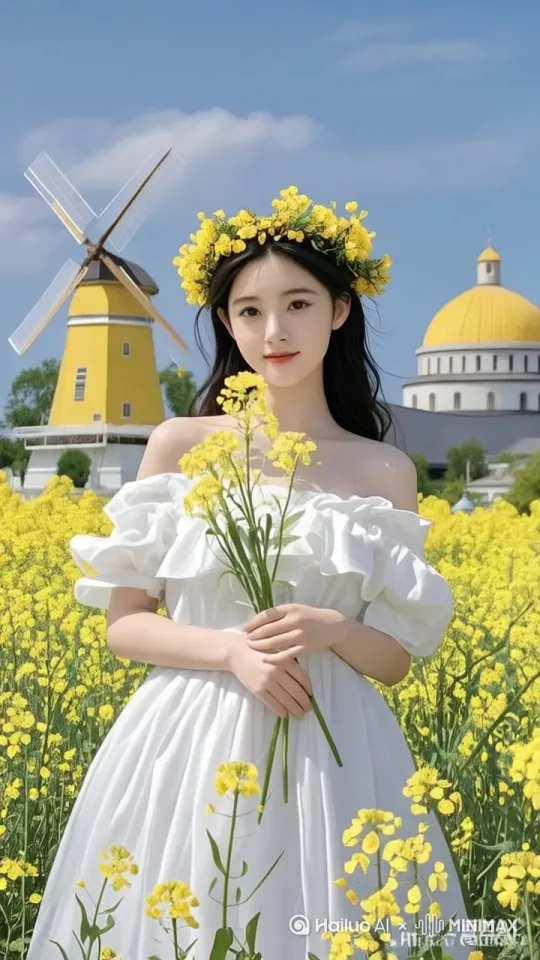  “少女在花田中放飞气球”

• 少女手中拿着几只彩色气球，轻轻松开，气球缓缓升空，飞向蓝天白云，画面浪漫而梦幻。 by Hailuo AI Video Generator