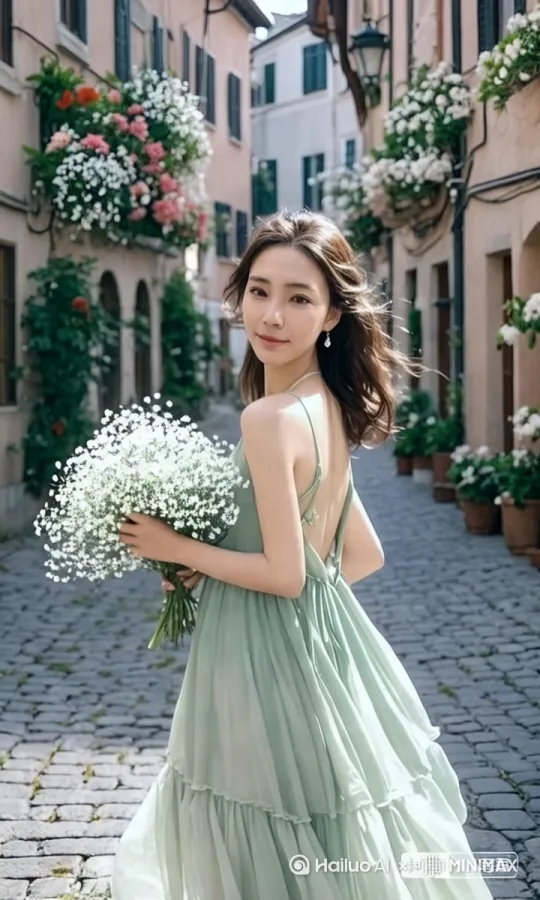 为了生成一个在花巷里微笑、奔跑、回眸的浪漫场景视频，可以按照以下步骤进行：

### 场景设置
选择一个类似图中背景的花巷，确保巷子里有丰富的花卉装饰和古色古香的建筑。可以选择一个阳光明媚的日子，利用自然光拍摄。

### 服装准备
准备一套与图中类似的服装，比如一件浅绿色的连衣裙，带有飘逸的裙摆和露背设计。可以选择一些轻盈的面料，增加画面的浪漫感。

### 道具准备
准备一束与图中类似的满天星花束，增加画面的浪漫氛围。

### 拍摄步骤
1. **开场镜头**：选择一个远景镜头，展示整个花巷的环境。可以从巷子的入口开始，慢慢推进镜头，展示巷子的花卉装饰和建筑细节。
2. **微笑镜头**：让模特站在巷子里，微笑着看向镜头。可以选择一个中景镜头，展示她的上半身和面部表情。
3. **奔跑镜头**：让模特在巷子里奔跑，可以选择一个跟随镜头，跟随她的动作拍摄，增加画面的动感。
4. **回眸镜头**：当模特奔跑时，让她突然回头微笑，增加画面的惊喜感和浪漫感。可以选择一个特写镜头，展示她的面部表情和笑容。
5. **结尾镜头**：选择一个远景镜头，展示模特在巷子里的背影，慢慢走出画面。可以选择一个慢动作镜头，增加画面的浪漫氛围。

### 后期制作
1. **剪辑**：将各个镜头剪辑在一起，确保画面流畅。可以添加一些转场效果，比如淡入淡出，增加画面的美感。
2. **配乐**：选择一首轻柔、浪漫的音乐作为背景音乐，增强画面的情感表达。可以选择一些古典音乐或轻音乐，增加画面的浪漫氛围。
3. **调色**：对画面进行调色，增加画面的亮度和饱和度，让画面更加鲜艳和生动。可以适当调整色调，让画面更加柔和和温馨。

通过以上步骤，可以生成一个在花巷里微笑、奔跑、回眸的浪漫场景视频，展示她的快乐和幸福，增加画面的浪漫氛围。 by Hailuo AI Video Generator