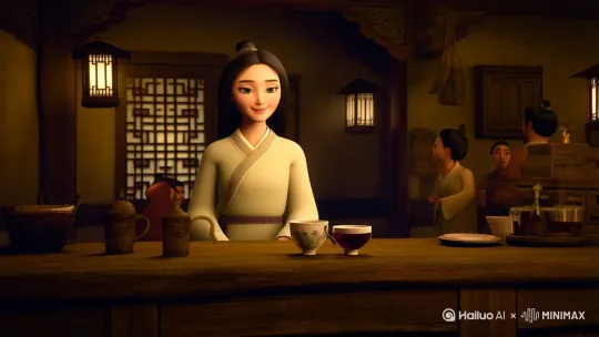 忘忧酒馆很小，大概只能容纳下十个人左右，但生意异常的火爆，老板娘很年轻，也很漂亮，一双单凤眼总是显得有几分妩媚，举手投足之间露出的优雅总是那么的自然，见到胡彪和楚天进来，微微一笑，先递上了两杯酒，淡淡的说：“两位实在不好意思，暂时没有位置，要么等上半小时，要么改日再来品尝，但无论如何，这两杯水酒都是忘忧酒馆的一份心意。” by Hailuo AI Video Generator