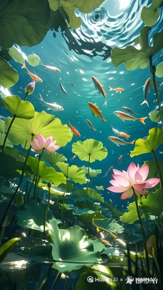 莲叶与荷花随风轻摆动，鱼往各个方向游动[右移,上摇] by Hailuo AI Video Generator