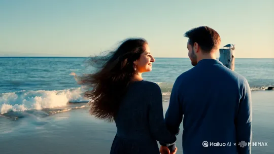 一对情侣在海边散步，吹海风听海浪拍打的声音，远处2只海鸟看着他们 by Hailuo AI Video Generator