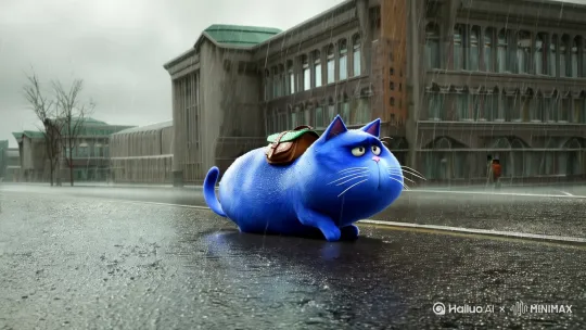 蓝色的胖猫，背着书包在路边爬着走，天气是下雨天，周围建筑是教学楼 by Hailuo AI Video Generator