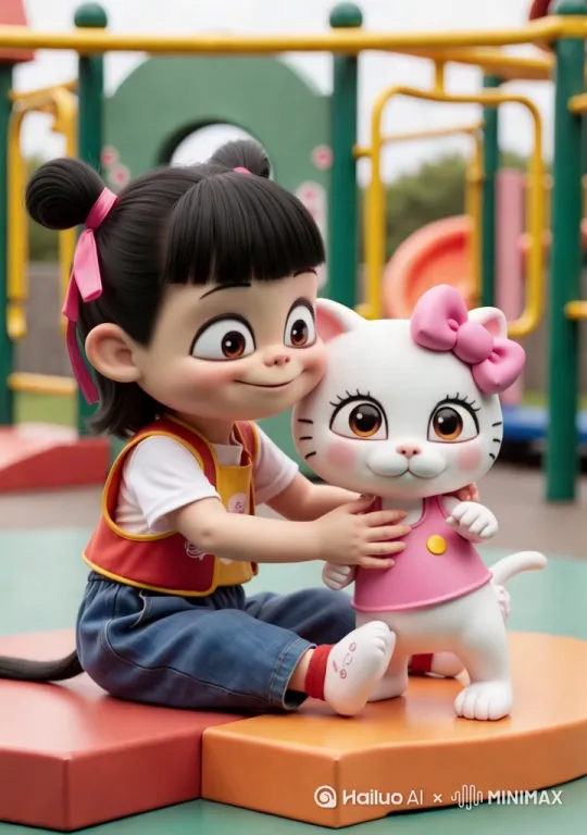 哪吒逗猫玩，哪吒和猫都开心的笑了，最后镜头固定为哪吒和猫拥抱在一起 by Hailuo AI Video Generator