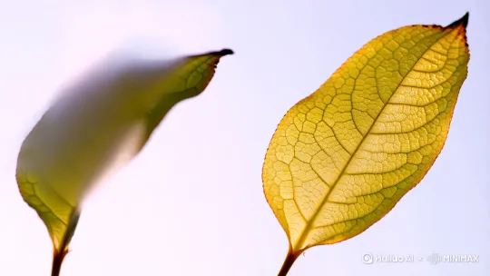 两个相同的叶片做不同处理的对比，左侧叶片因水分蒸发有蒸气上升，叶缘开始干枯，右侧叶片表面有微弱金光保护，叶片完好有活性[固定镜头] by Hailuo AI Video Generator