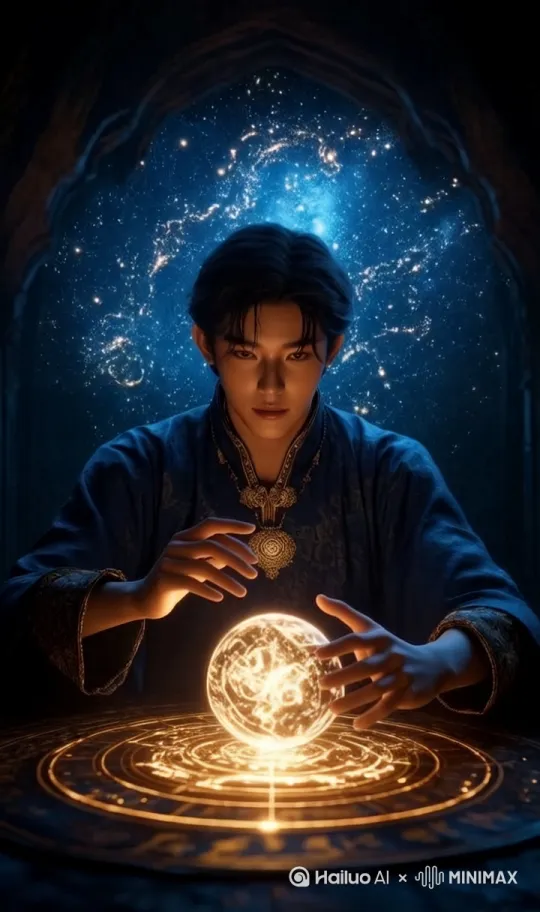 双手围绕水晶球上下左右摆动，背景星空在闪动，[推出,上升,下摇]隐隐浮现十二黄道图案，[下降,上摇]水晶球下的魔法阵泛起阵阵涟漪的光芒[左移,推进,右摇] by Hailuo AI Video Generator