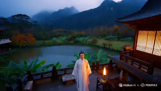 中国古典水墨画风格，夜幕低垂，细雨绵绵，一位文士独立于古朴的亭台楼阁之中，遥望远方。他的长袍随风轻摆，面容沉静，眼神中流露出淡淡的忧思与期待。四周，巴山的轮廓在夜雨中若隐若现，秋池水面泛起层层涟漪。画面一角，一盏油灯微弱的光芒映照在西窗旁，暗示着诗人对与友人共剪烛光、畅谈心事的美好憧憬。远处，烟雨蒙蒙，仿佛能听见雨滴落在芭蕉叶上的细微声响。全景，俯视视角，充分展现中国古典园林之美与诗人的内心世界。 by Hailuo AI Video Generator