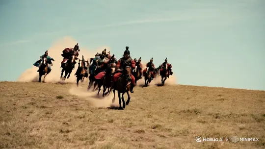 赵武灵王胡服骑射的宏大场面，骑兵身着胡服，策马奔驰，尘土飞扬，电影质感 by Hailuo AI Video Generator