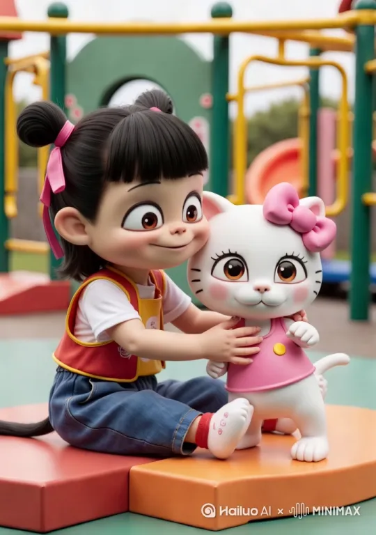 哪吒逗猫玩，哪吒和猫都开心的笑了，最后镜头固定为哪吒和猫拥抱在一起，猫的手臂在哪吒手臂的上方 by Hailuo AI Video Generator