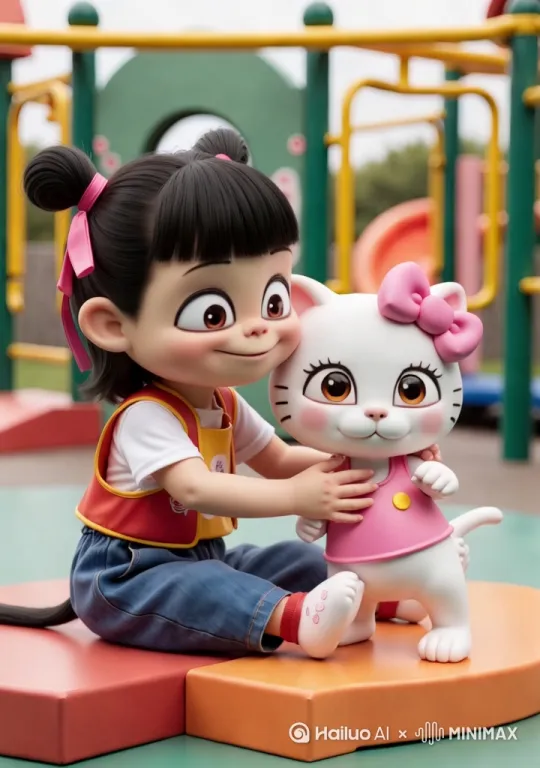 哪吒逗猫玩，哪吒和猫都开心的笑了，最后镜头固定为哪吒和猫拥抱在一起 by Hailuo AI Video Generator