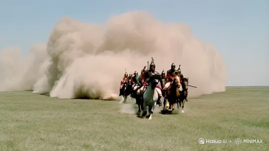赵武灵王胡服骑射的宏大场面，骑兵身着胡服，策马奔驰，尘土飞扬，电影质感 by Hailuo AI Video Generator