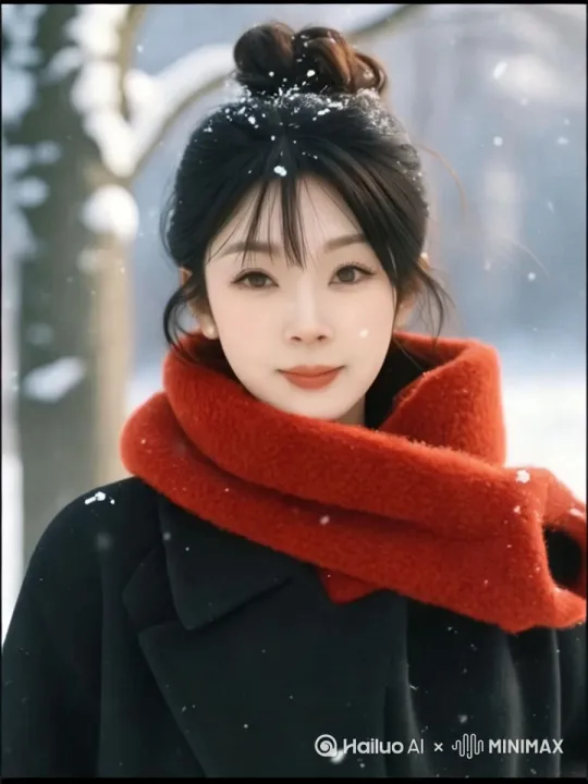 雪花飘落，风吹起头发，向前走过来，冬天氛围浓厚。 by Hailuo AI Video Generator