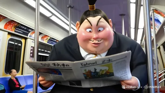 第一人称视角拍摄太乙真人穿着西装坐在地铁椅子上，手拿着报纸专注的看，竖屏9：16 by Hailuo AI Video Generator
