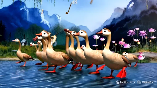 手绘水彩+3D动态效果
拟人化大鹅角色（突出灵动感）
中国风水墨元素（山峦/垂柳/荷花）
动态光影效果（波光/羽毛光泽）
仰视视角/鹅群曲颈/云朵拟态音符/柳枝轻拂 by Hailuo AI Video Generator