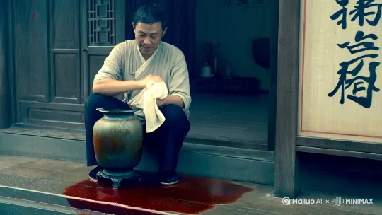 江南的梅雨缠得人骨头缝里都发潮，陈青玄蹲在店门口擦拭青铜簋，铜锈在棉布下渗出暗红斑痕。藏风阁的招牌被雨水洇成墨色，柜台上的青蚨钱突然发出细碎颤音。 by Hailuo AI Video Generator