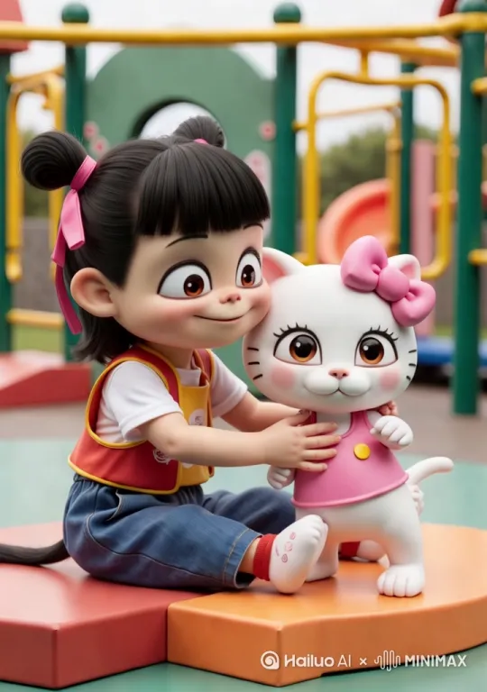 哪吒给猫挠痒痒，猫开心的笑了，随后哪吒也笑了，猫随后在哪吒脸上亲了一口，哪吒脸有点红了，却笑的更开心了。最后镜头固定为哪吒和猫拥抱在一起 by Hailuo AI Video Generator