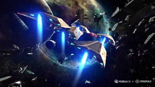 标题：《苍穹裂变：星环之战》

整体基调：暗紫色星云笼罩的破碎宙域，零重力战场充满电浆爆炸与金属残骸，双方舰队以环形阵列展开立体攻防。

镜头序列：

开场鸟瞰镜头（俯冲式运镜）

破碎的卫星残骸带后方，三艘楔形「帝国级空天母舰」撕裂空间跃出，舰首离子炮充能形成刺目的蓝色光轮

敌方登场镜头（鱼眼广角+慢镜）

叛军阵营「蜂巢母舰」从星云漩涡中浮现，六边形装甲板层层展开，释放数百架蝠型机甲，机甲关节喷射幽绿色离子流

全景对峙镜头（360°环绕拍摄）

双方母舰同时展开能量护盾，金色网状护盾与紫色菱形护盾对撞产生空间涟漪，漂浮的金属碎片在力场中熔化成液态球体

机甲特写组接（快切+动态模糊）

帝国「暴风型机甲」重装右臂展开转轮爆能枪（特写机械传动）

叛军「影刃机甲」双足变形为等离子推进器（慢镜腿部变形过程）

两台机甲在漂浮的星舰残骸间高速缠斗（第一视角旋转镜头）

母舰决战镜头（交叉蒙太奇）

帝国母舰腹部打开蜂巢发射口，射出密集的TIE无人机群（俯视镜头配合Doppler音效）

叛军舰桥特写：指挥官按下红色按钮，母舰核心释放环形电磁脉冲（镜头从指挥室快速拉出至太空全景）

决定性瞬间（升格镜头+静音处理）

某台机甲突破防线，将光矛刺入敌方母舰反应堆（特写熔化的金属液滴在真空中凝结成球状）

连锁爆炸沿着母舰能量管道蔓延（慢动作呈现金色裂纹在黑色装甲上扩散）

终幕撤离镜头（疾速变焦）

幸存的机甲在爆炸冲击波中借助残骸跳跃撤离（镜头跟随机甲背部推进器火焰剧烈晃动）

残破的帝国徽章在真空无声燃烧（大特写逐渐虚化）

特色镜头设计：

电磁脉冲爆发时采用「闪烁式分屏」：左屏显示电路过载特写，右屏呈现机甲电子眼故障特效

机甲近战使用「子弹时间环绕」：光剑碰撞时镜头以240°环绕拍摄，飞溅的等离子火花形成短暂光轨

母舰对轰场景加入「流体力学特效」：护盾涟漪呈现类似水银的液态金属质感

关键视觉元素：

动态光源：离子炮照亮机甲表面的磨损刮痕

零重力细节：爆炸后的氧气结晶悬浮成雾状

机械设计：叛军机甲带有生物仿生关节，帝国装备强调几何切割美学

音效设计：

母舰引擎低频共振混合女声圣咏采样

机甲关节运动声效加入液压与齿轮咬合音

光剑对撞采用玻璃碎裂高频音+亚音速震荡波 by Hailuo AI Video Generator
